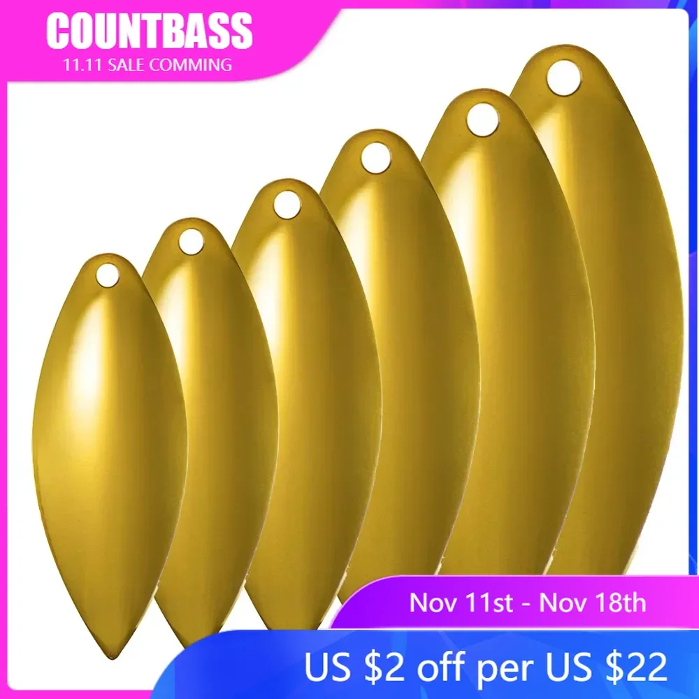 50pcs COUNTBASS Size 1-6 Gold Plated Steel Willow Spinner Blades Smooth Finish, DIY Spinner bait Fishing Lures, Tackle Craft