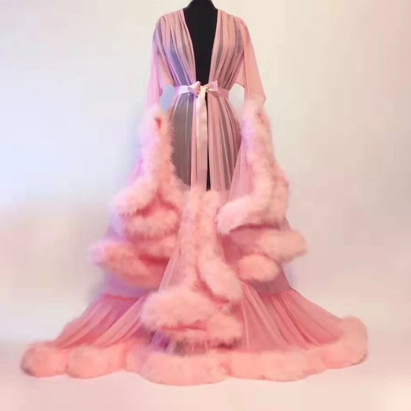 Sexy Feather Horn Sleeve Tailed Long Dress 2026 Summer Fashionable Imitation Otter Rabbit Unique Design Sleep Dress for Women