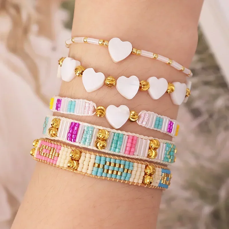 Beaded bracelet Sea shell Originality Design Geometry Heart Female Hand knitting Bohemia Adjustable Tide Rice bead bracelet set
