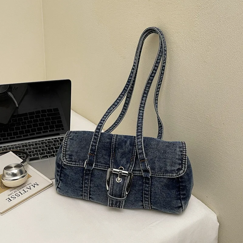 

Джинсовая сумка подмышки осень-зима 2025 года, винтажная женская сумка через плечо, повседневная сумка через плечо для пригородных поездок, универсальная сумка «день-ночь»