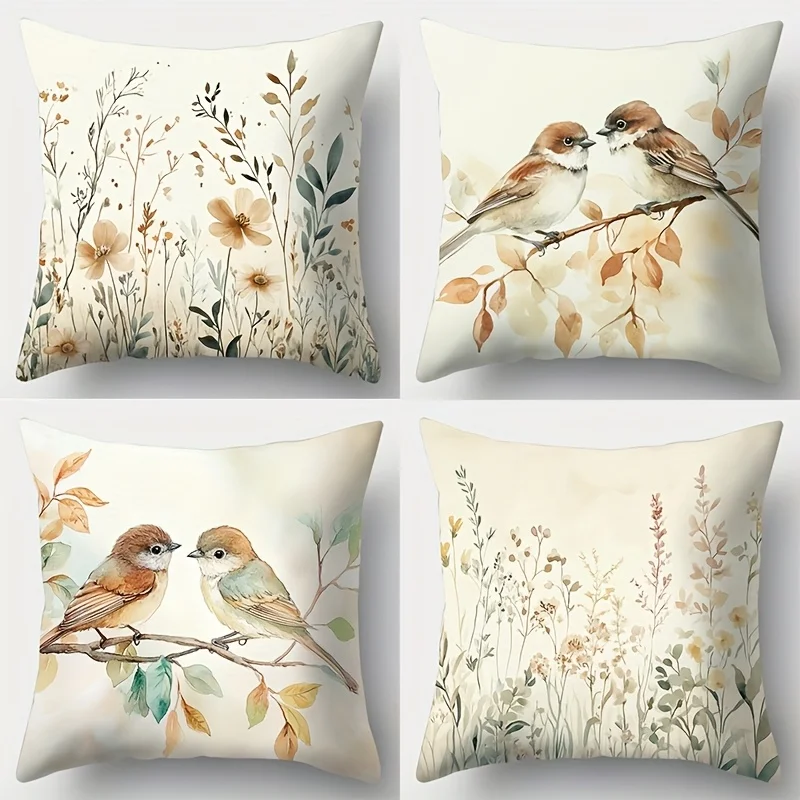 4Pcs Vintage Floral Cushion Covers 45x45cm Double Sided Print Pillow Cases Cute Birds on Branch Decorative Pillowcase No Core