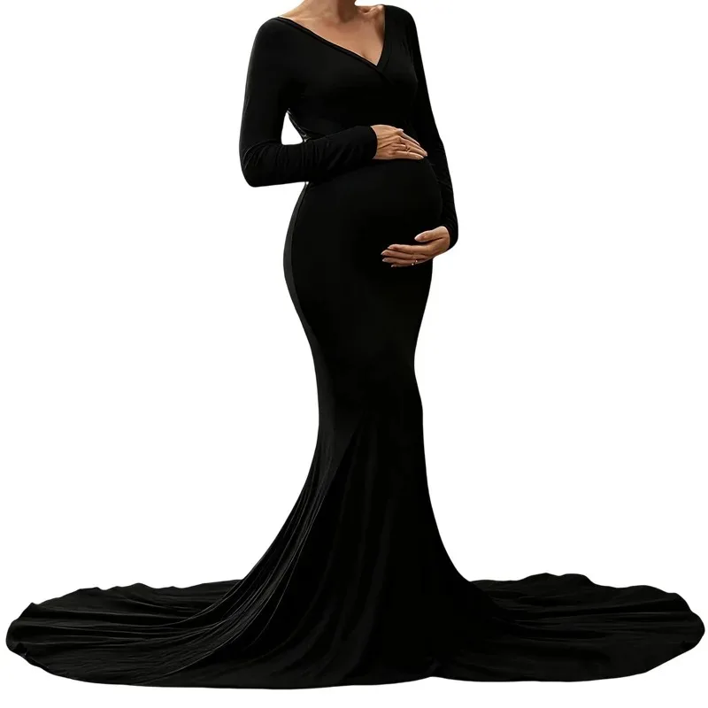 

Black Women's Maternity Photoshoot Maxi Dress V-neck Hem Split Tail Dress For Pregnant Women Clothes Photography Baby Showers