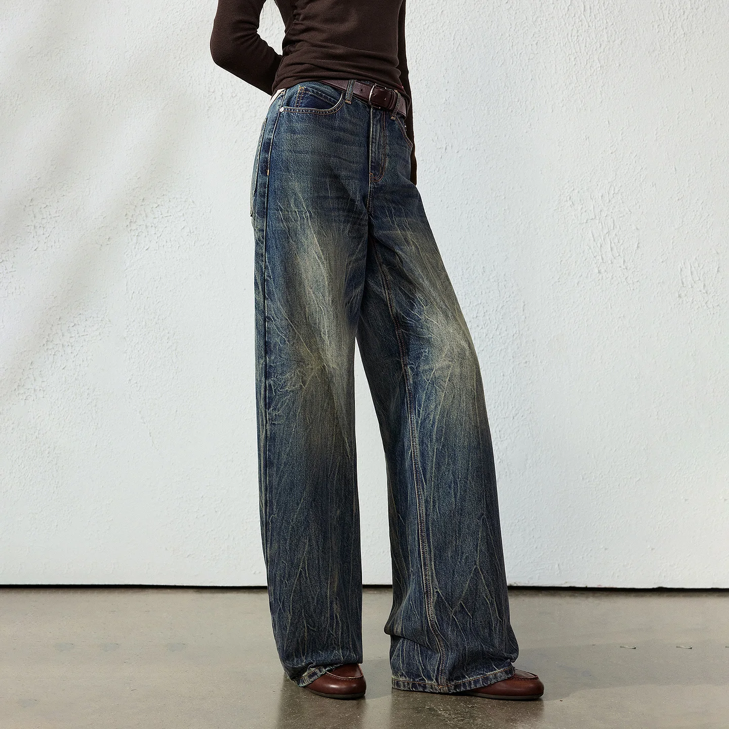 TOYOUTH Unisex Women Jeans 2026 Autumn New Arrival American High Street Cracked Wash High Waist Slim Wide Leg Denim Pants