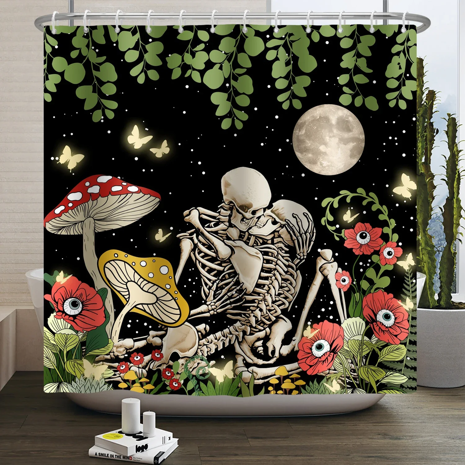 Sugar Skull Shower Curtain for Bathroom Psychedelic Kiss Skeleton Flower Mushroom Plant Floral Gothic Waterproof Bath Curtain