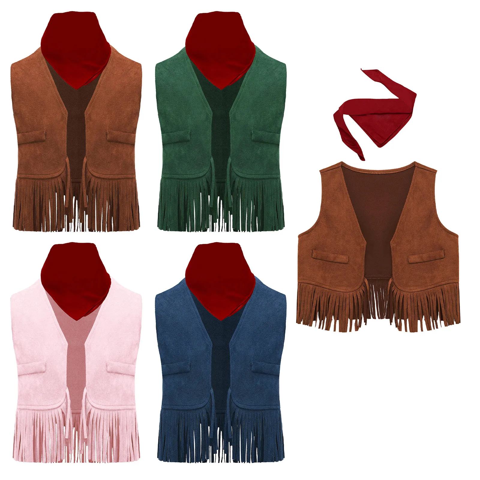 Baby Western Cowboy Cosplay Costume Suede Tassels Vest Waistcoats with Bandanna Children Halloween Carnival Party Fancy Dress Up