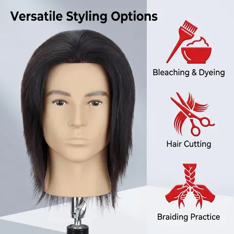 8-inch Male Mannequin Head, 100% Human Hair, Professional Hairdressing Mannequin Head, Training Mannequin Head for Hairdressing