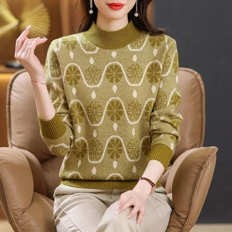 

Autumn and Winter Half High Collar Jacquard Sweater Women 2024 New Spliced Print Fashion Loose Casual Long Sleeved Knitted Tops