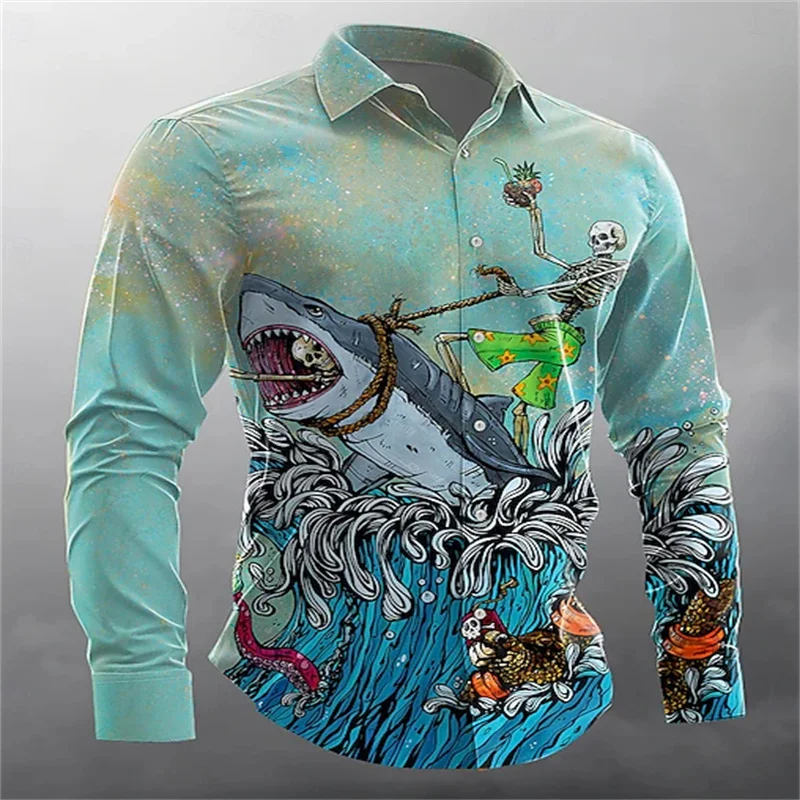 

Halloween Men's Skull Shark Button Long Sleeve Shirt Designer Limited Artist Edition Premium Men's Clothing 6XL