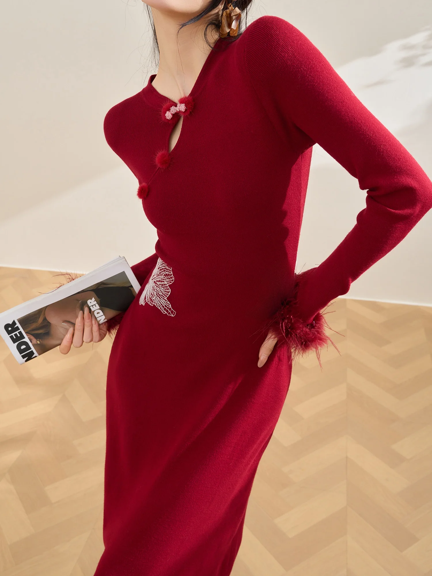 

New Year Red Chinese Sle Knitted Dr Lace Patchwork Sve Patchwork Loose Fit H-ape Urban Commute Suitable Ladies Dr