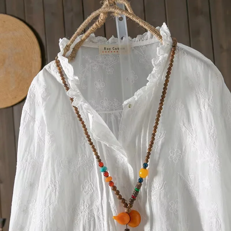 New 2025 Spring Cotton Long Sleeve Shirt, Women Ruffled Embroidery, Mori Girl Vintage French Design White Loose Blouse T53515CC