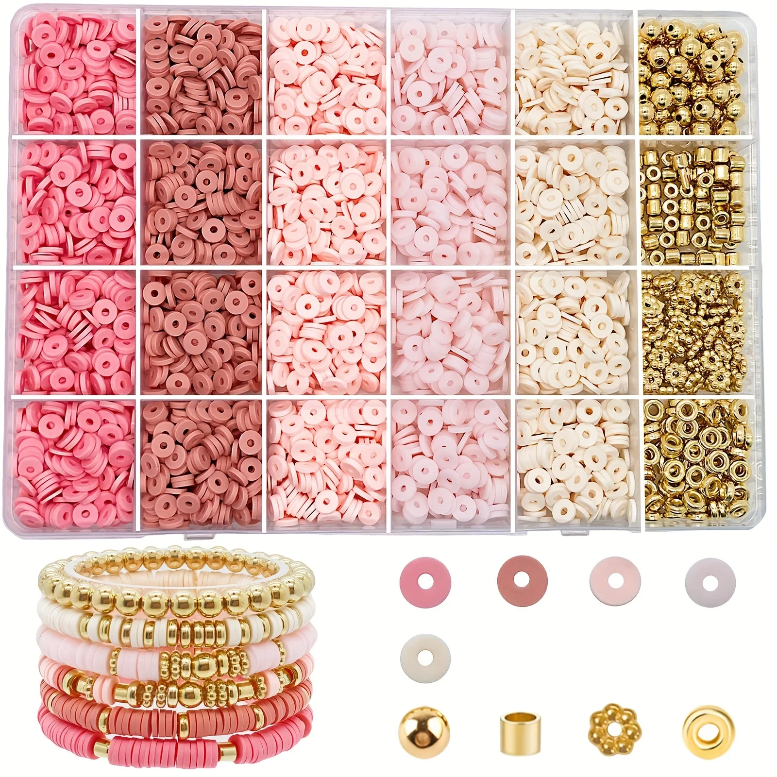 4280pcs 6mm Pink Polymer Clay Beads Kit - Create Stunning Friendship Heishi Bracelets with 14K Gold Plated Spacers - DIY Jewelry