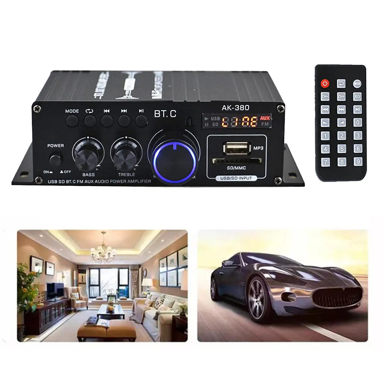 400W + 400W Audio Power Amplifier 2.0 CH Bluetooth 5.0 Receiver Sound Amplifier 2-Channel for Car CD MP3
