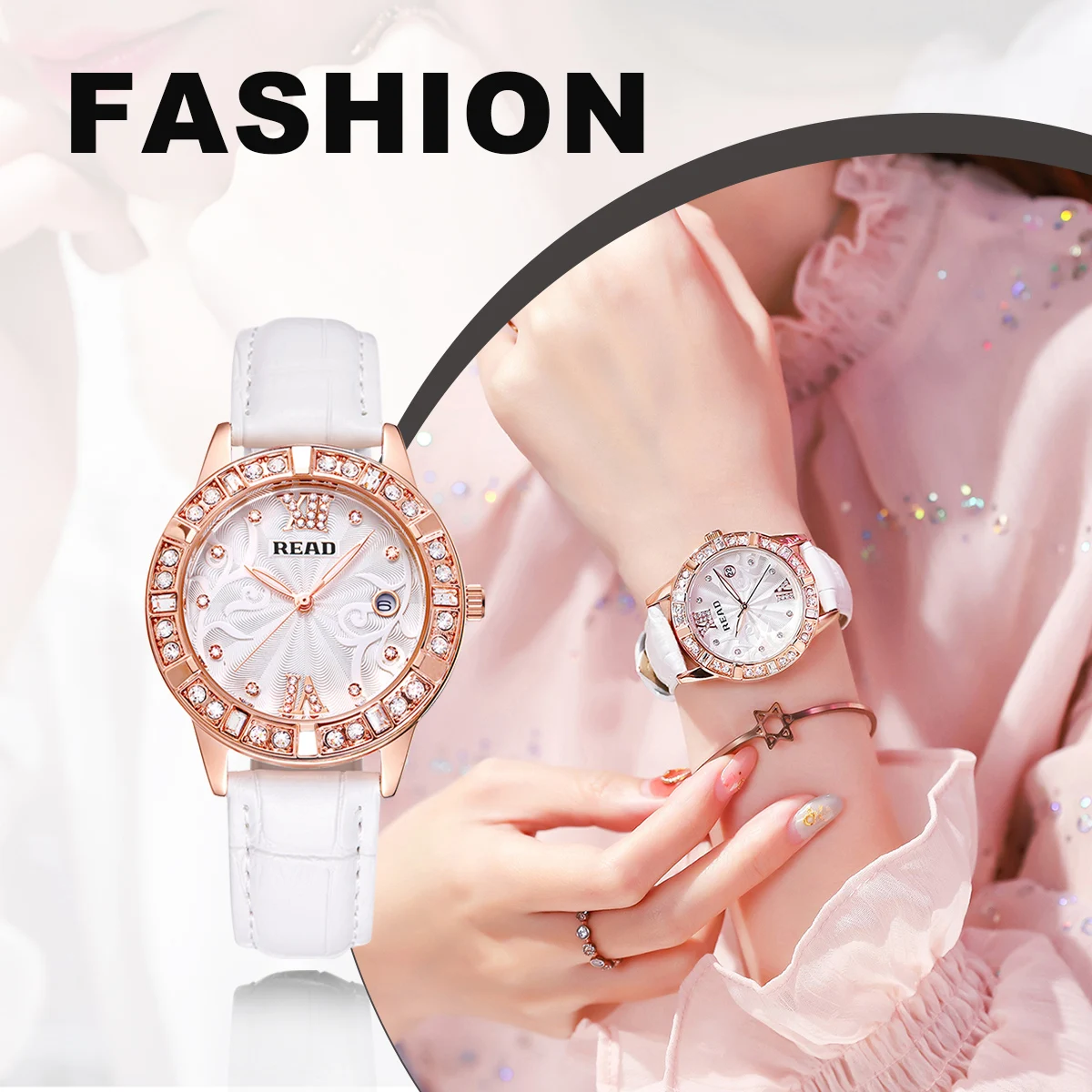 READ Women Analog Quartz Wrist Watch | Date Display | White Leather Strap | Daily Water Resistant Elegant Ladies Dress Watch