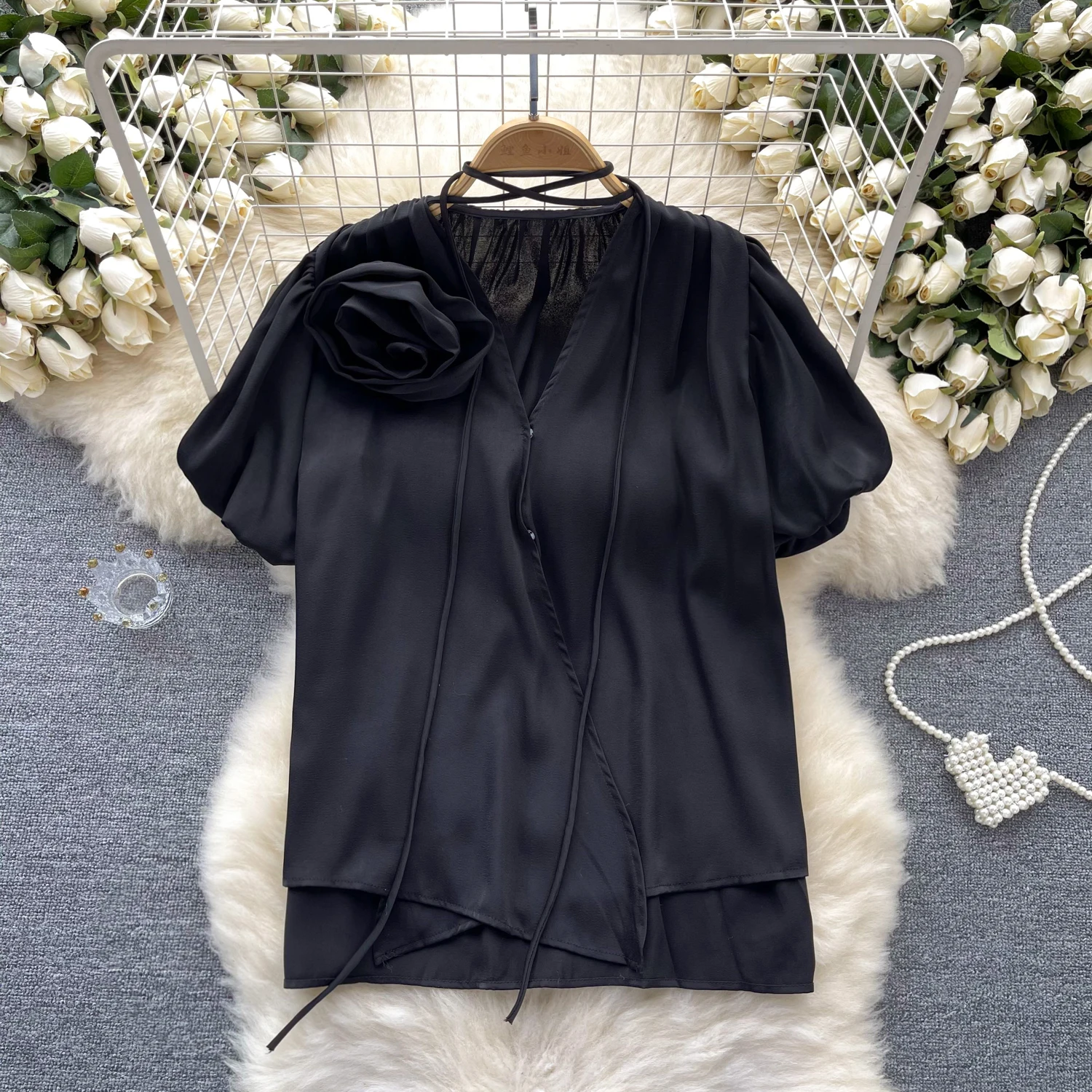 Chic Bandage basics Blouse Three-dimensional flower puff sleeve Slim satin Korean Fashion Top Summer sweet Women Shirt