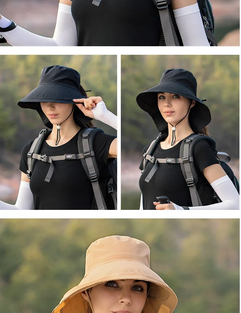 Sommerhut für Damen, Outdoor UV-Schutz für den Hals, Sonnenblende für Herren, Angeln, Wandern, breite Krempe, Schal, Sonnenschutz, Pferdeschwanzkappe, undefiniert – Detail 16