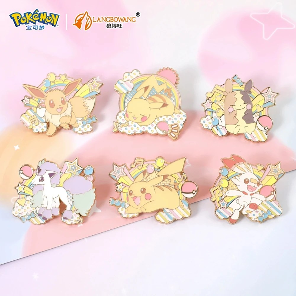 In Stock Original Langbowang Toys Pokemon Pikachu Morpeko Eevee Ponyta Anime Cute Metal Badges Bag Cloth Decoration Gifts