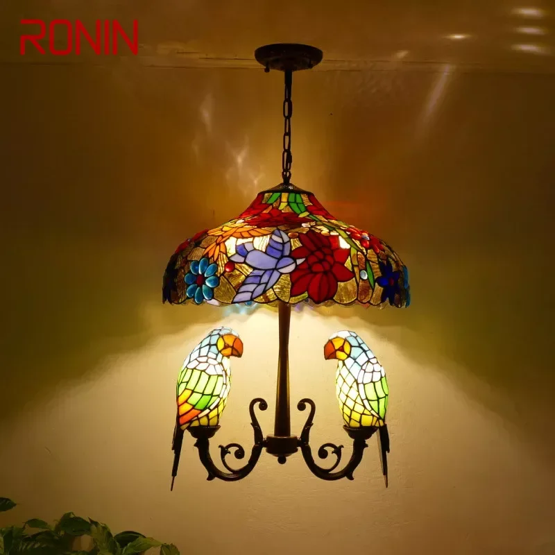 RONIN Tiffany Parrot Chandelier Vintage Creative Color Glass Living Room restaurant Bedroom Hotel Corridor Pendant Lamp