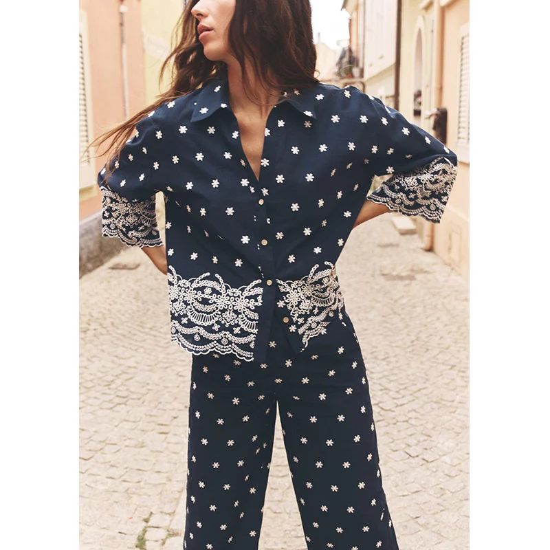 

High Waist Wide Leg Casual Pants Embroidered Trendy Casual irt Faionable Two-Piece Set Collar Button-Up Women's Wear