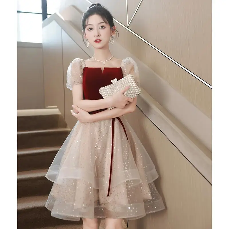 Summer Bride Short Sleeve Wedding Dresses Toast Clothing Women Sequined A Line Prom Gown