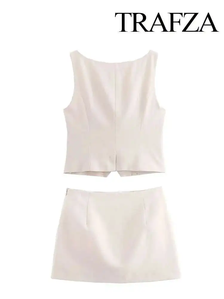 

New Summer Fashion Women Suits Solid Square Collar Sleeveless Single-Breasted Short Tops+Mid-Rise Bow Side Zipper Mini Skirts