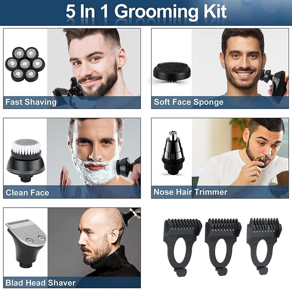 

A66Z 7D Electric Razor For Men, 5 In 1 Head Shavers For Bald Men, Electric Rotary Shaver Waterproof Grooming Kit Cordless