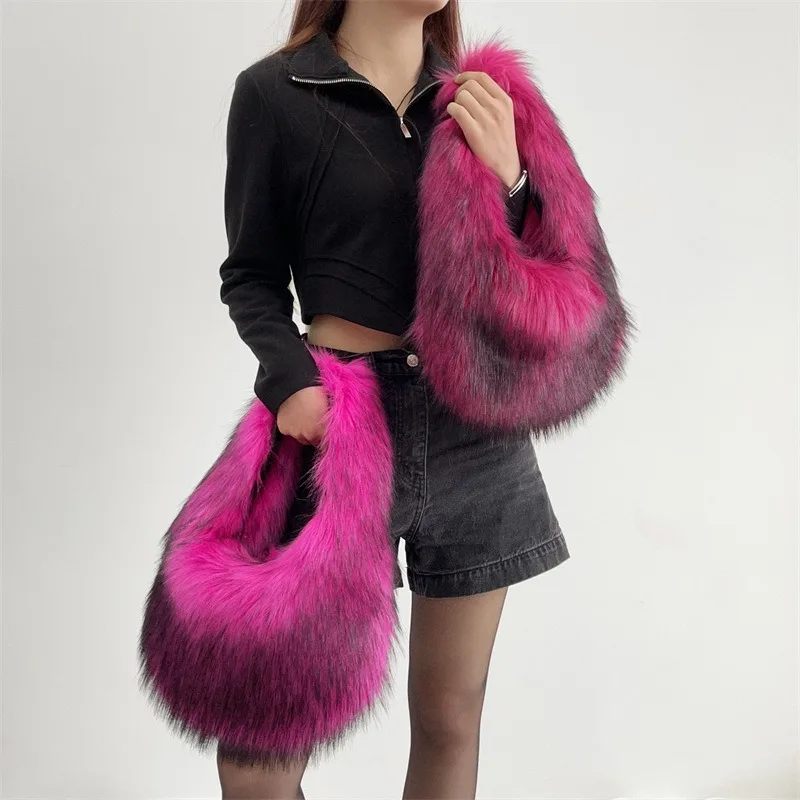 New women's plush imitation raccoon hair handbag fashion vest hand bag Spice girl European and American sweet and cool style y2k