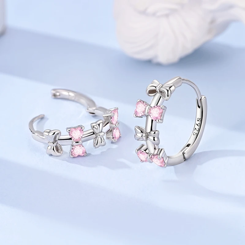 925 Sterling Silver Bow Jewelry Set Pink Zircon Bow Charms Beads Dangle Pendants Hoop Earrings 925 Silver Fit Original Bracelet view 2