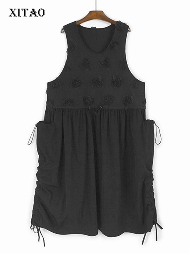 

XITAO Three-dimensional Flower Dress Loose Patchwork A-line Drawstring Pocket Women Temperament Trend Simple Dress GYX1640