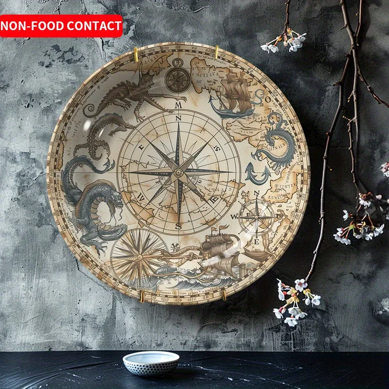 Vintage Nautical Compass & Sea Monsters Ceramic Decor Plate, Suitable for Families, Living Rooms, Offices, and Study Rooms