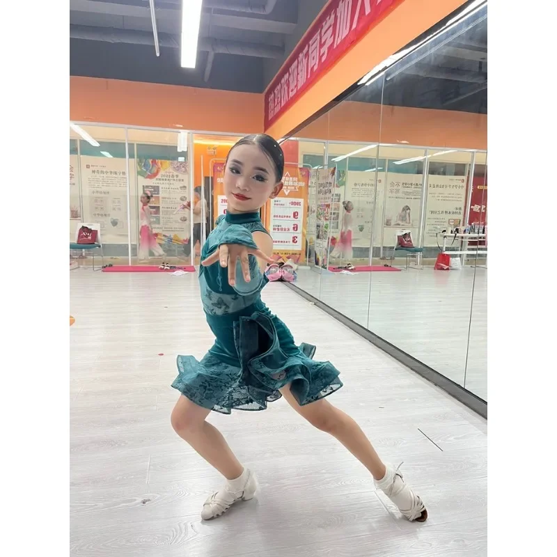 

2026 костюмы для латинских танцев для девочек, румба, юбка с рюшами, танго, сальса, самба, бальная одежда, детская сценическая одежда, праздничное платье