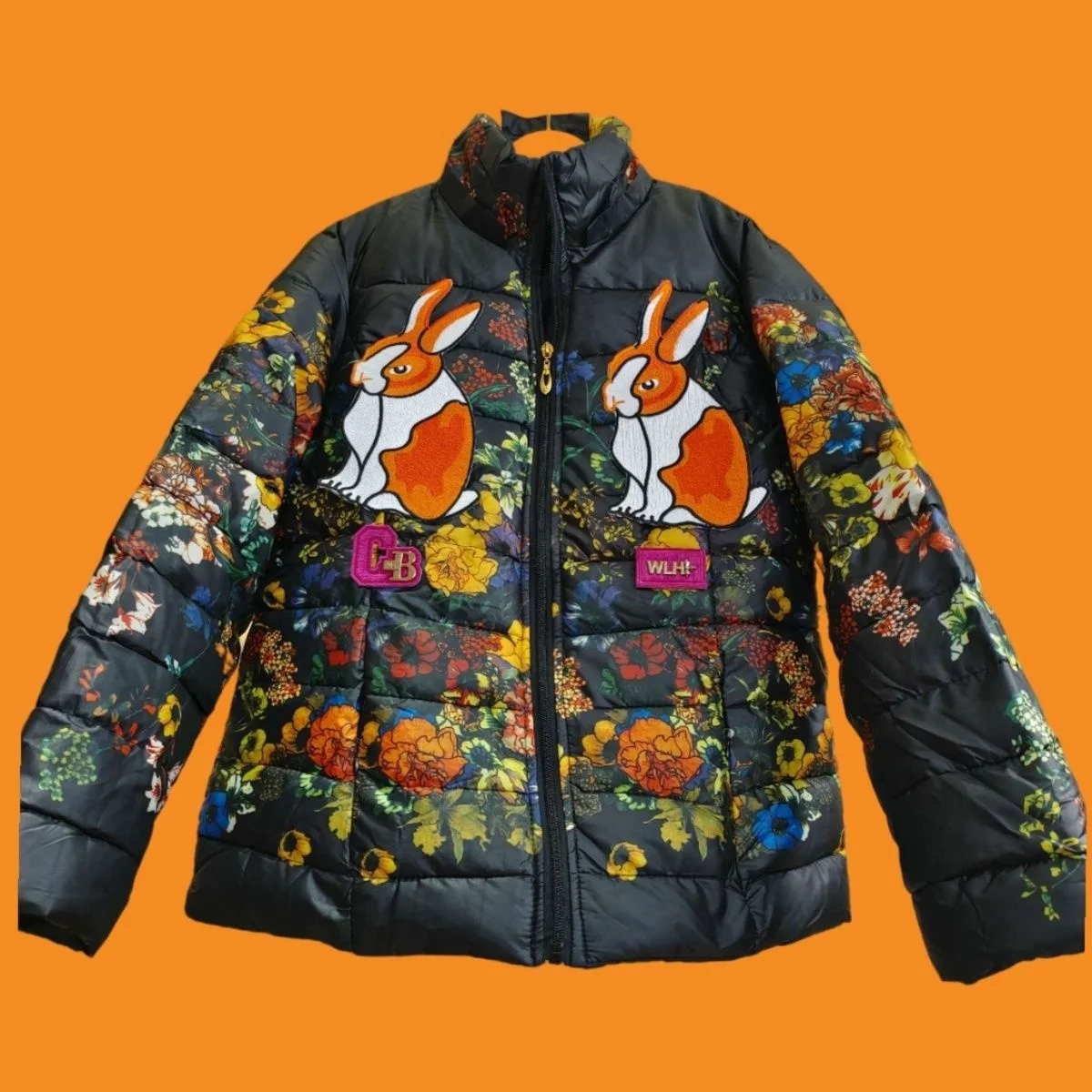 Cotton Black Down Jacket for Women 2023 New Autumn Winter Loose Wadded Jackets Flower Printed Keep Warm Patch Bunny Parkas