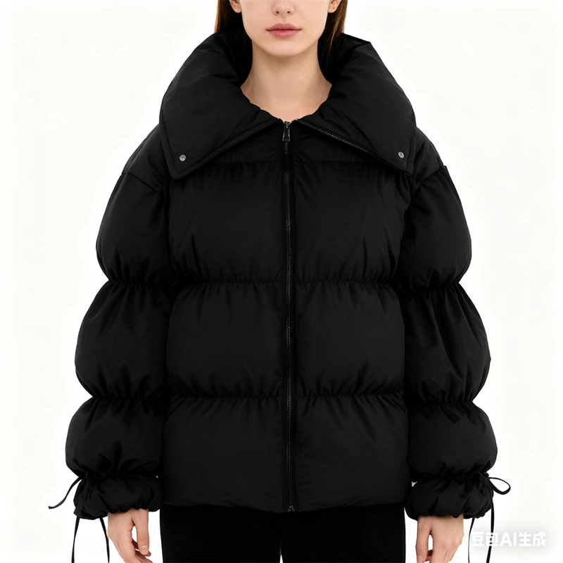 

Women's Puffer Jacket with Bubble Sleeves, High Neck Zip-Up Black Padded Coat for Winter Fashion