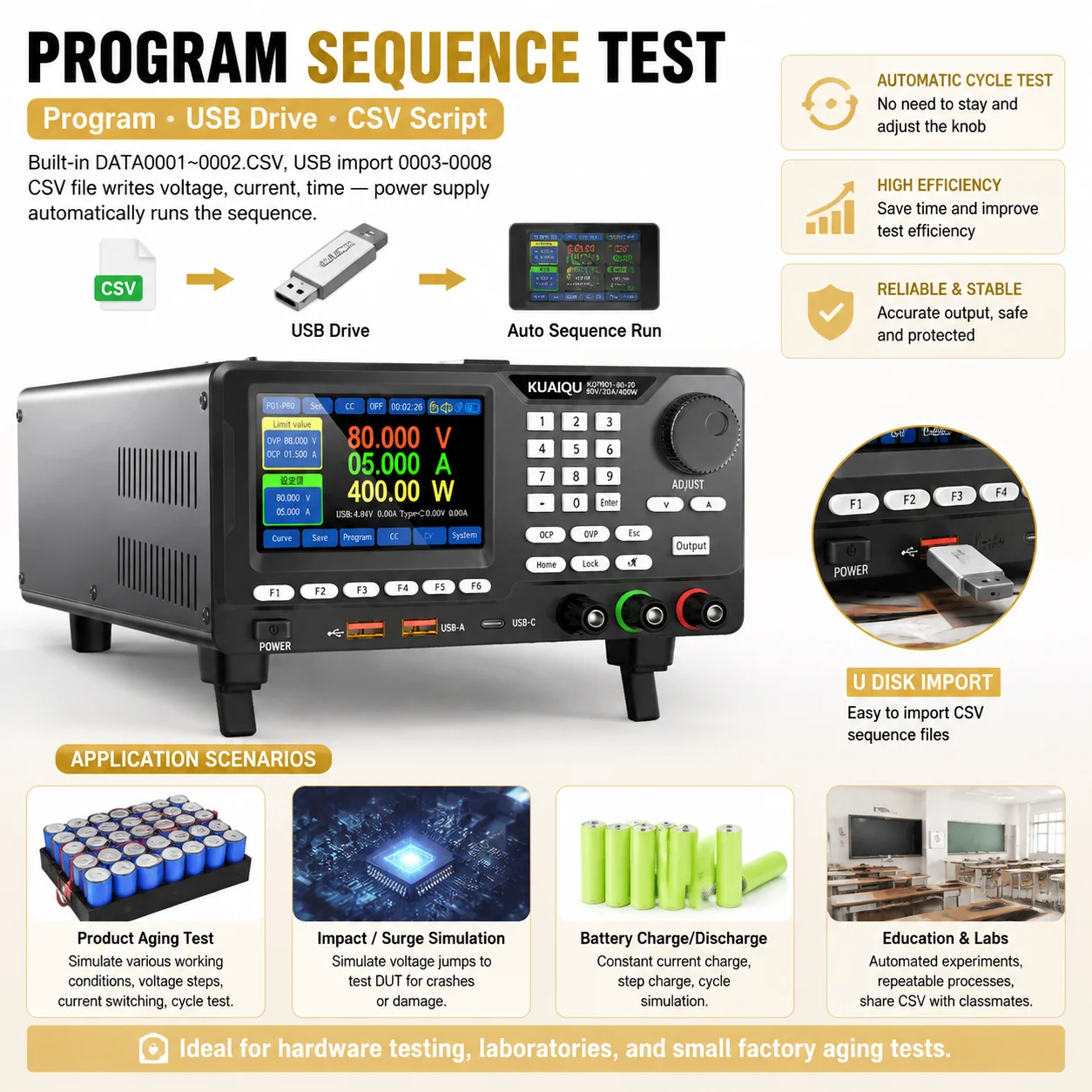 KUAIQU 0-80V 0-20A 400W Programmable DC Power Supply USB CSV Script Programmable Sequence Test Source RS232/RS485/USB Regulator
