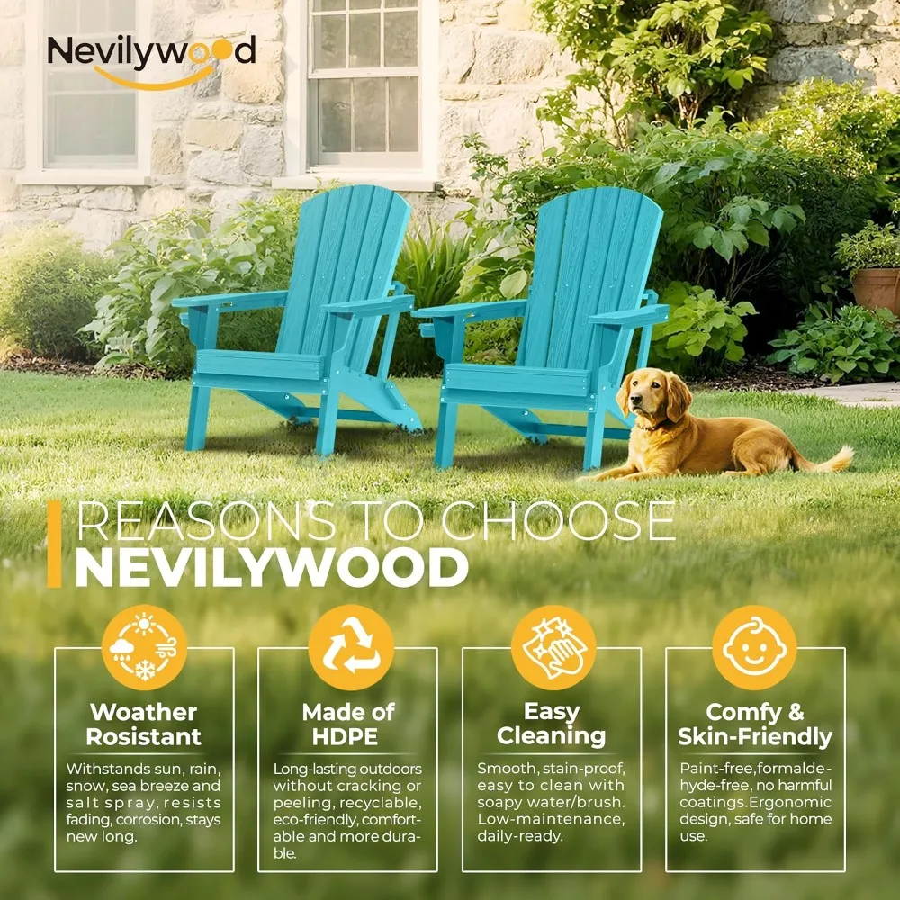 nevilywood Folding Adirondack Chair - Extended Ergonomic Backrest, Cup Holder - Easy Assembly - Durable HDPE Plastic, Weather