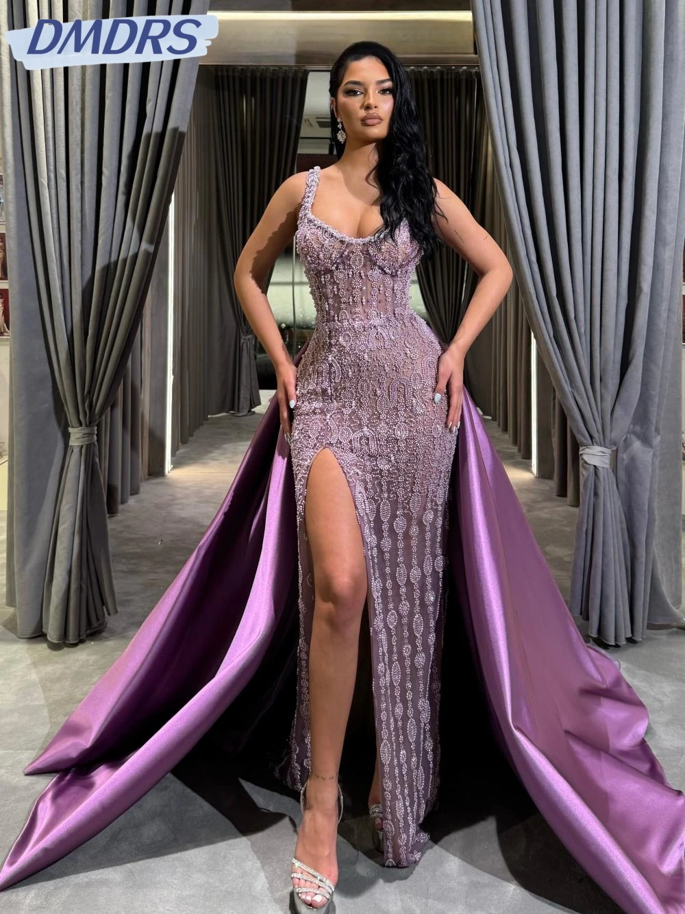 Detachable Train Luxury Pearls Evening Dress Illusion Beaded Straight Long Wedding Party Gown Customized Sleeveless Prom Dresses