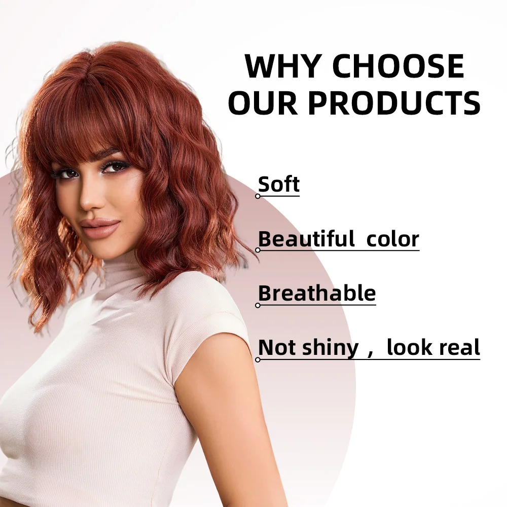 oneNonly Short Bob Synthetic Wig Red Wig with Bangs Natural Wigs for Women Short Wavy Daily Party Heat Resistant Hair