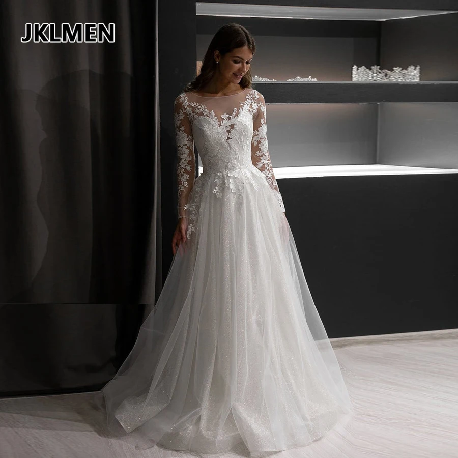 Amazing A Line Long Sleeve Sequins Tulle Wedding Dress Illusion Back with Button Back Bridal Gowns
