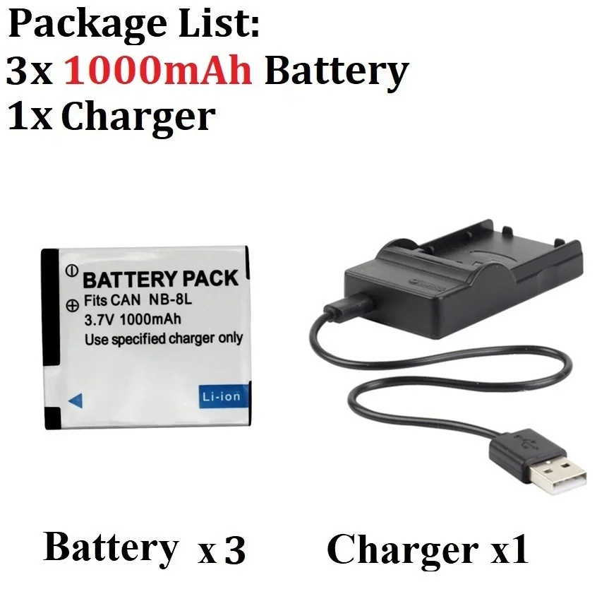 3.7V 1000mAh NB-8L NB 8L NB8L Li-ion Digital Camera Battery + Charger For Canon PowerShot A3300 A3200 A3100 A3000 A2200 A1200 IS image 3