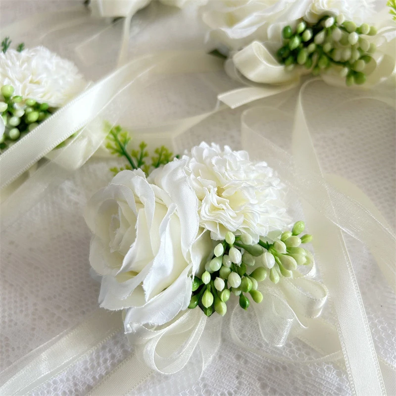 Bride Wrist Corsage Wedding Bridesmaid Hand Flower Silk Artificial Rose Ribbon Bracelet Party Prom Decorative