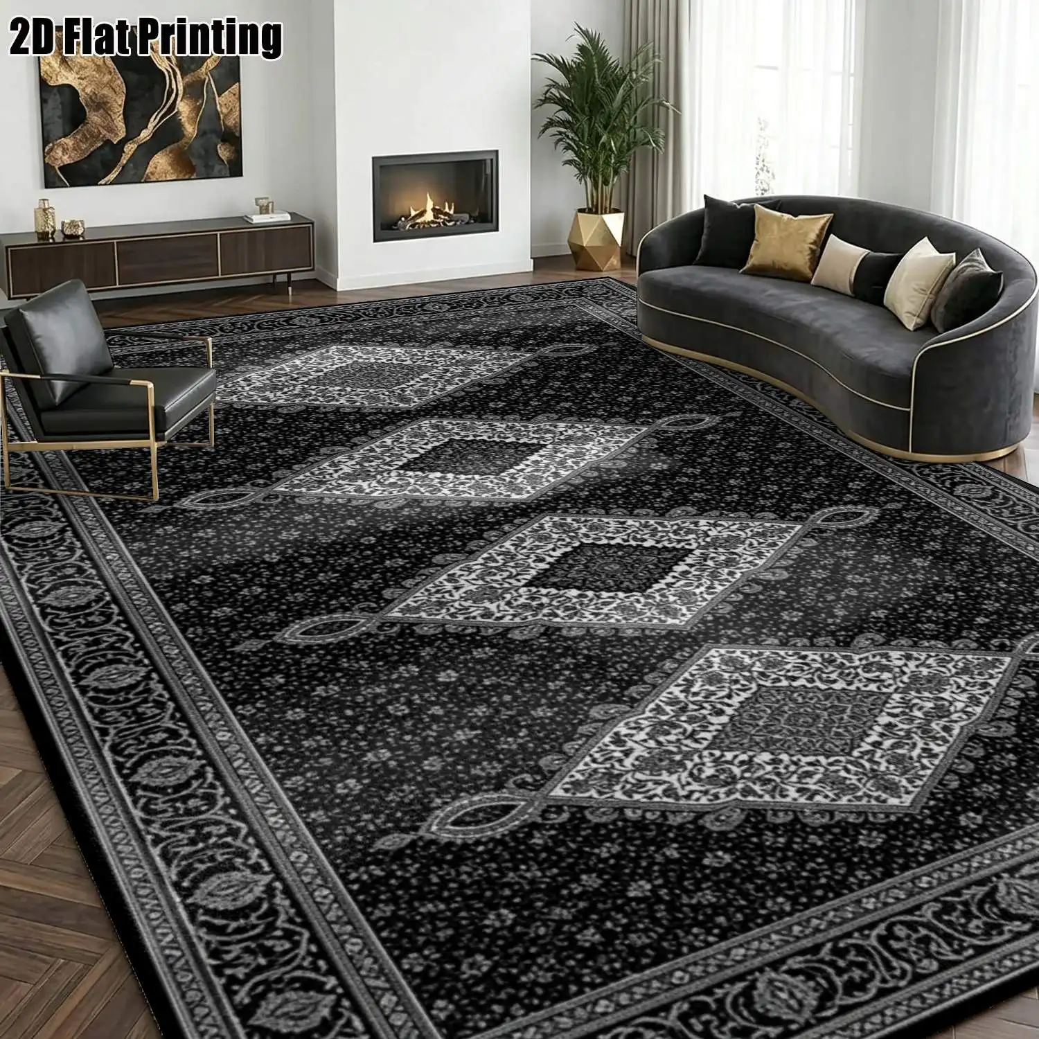1Pc 2D Printed Black & Gray Retro Diamond Geometric Carpet, European Style, Multi-Size Machine Washable, for Home Decor & Multi-Scene Use