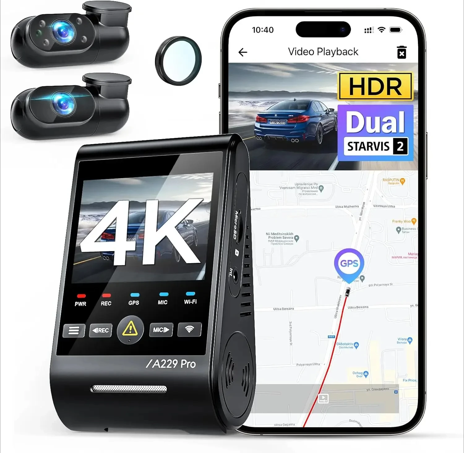 

A229 Pro 3 Channel 4K HDR Dash Cam, Dual STARVIS 2 Sensors IMX678 & IMX675, Rear Triple Car Camera, Voice Control