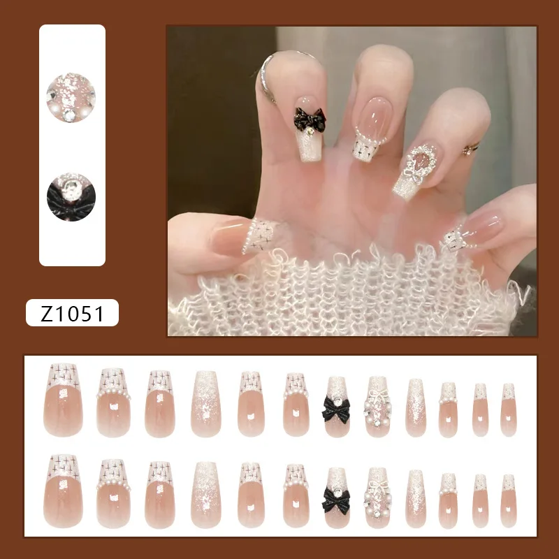 Woven Press On Nails Nude Glitter French Fake Nails 3D Pearl Bow Rhinestone Detachable Ins Manicure For Women Daily Dating