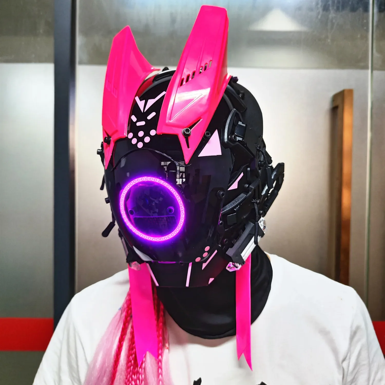 Cyberpunk Mask Futuristic Techwear, Halloween Cosplay Helmet Decor with Light and Dirty Braid, Japanese Warrior Style Knight Sty