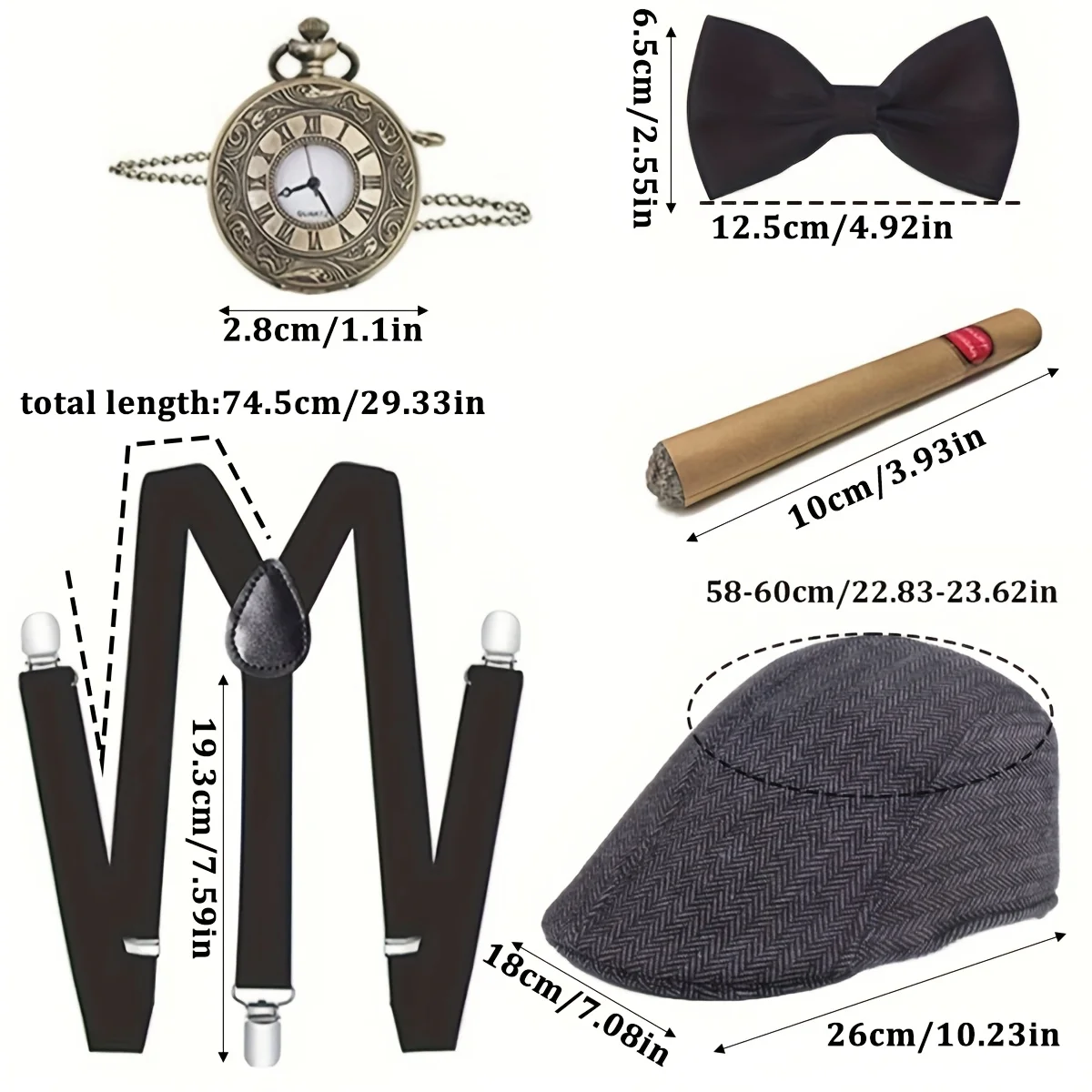 Zestaw akcesoriów do kostiumów gangsterskich z lat 20. XX w. dla mężczyzn - zestaw do makijażu Gatsby z zegarkiem kieszonkowym w stylu vintage, regulowany