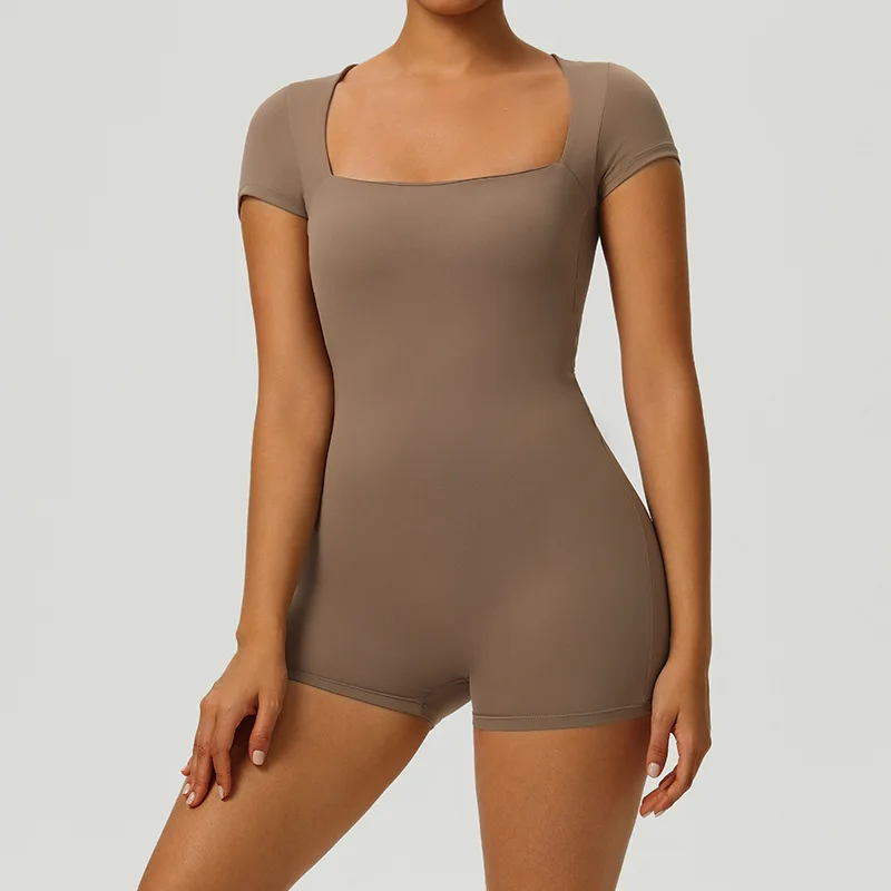 

Женский фитнес-комбинезон с квадратным вырезом, быстросохнущий, высокоэластичный, с короткими рукавами, для йоги, с подкладками для груди, женская одежда для йоги