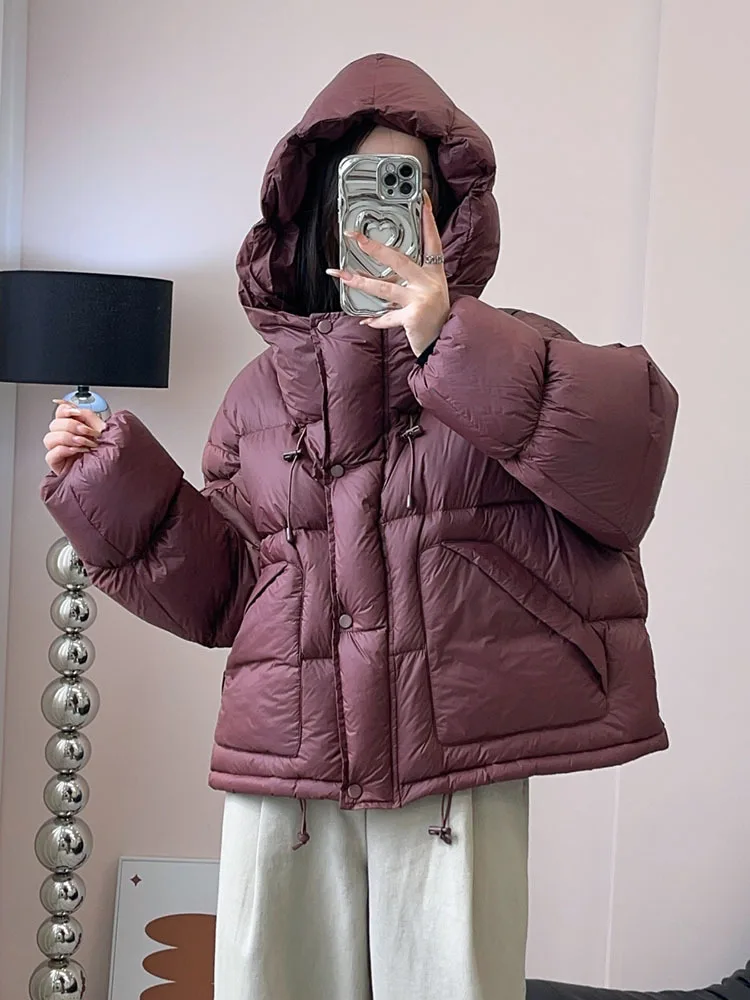 Korean Style Short Hooded Down Jackets Winter Solid Color White Duck Down Thicken Coats Casual Thermal Loose Female Outerwear