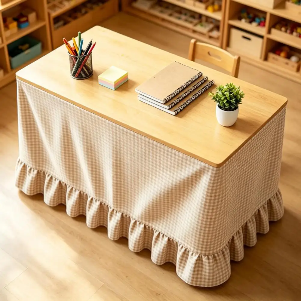Classroom Desk Cover Durable Table Protector Gingham Table Skirt Cottagecore Teacher Desk Skirt Plaid Tablecloth for Birthday