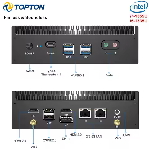 13th Gen Intel i7 1355U i5 1335U Fanless Mini PC 2*2.5G LAN PCIE4.0 DDR4 Tunderbolt 4 eGPU Desktop PC Gamer Mini Computer WiFi6