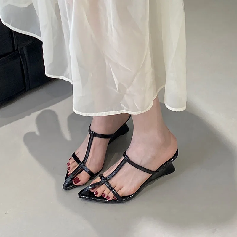 New In Summer Fashion T-Strap Women Wedges Sandals Pumps Heels Slides Pointed Toe Elegant Design Wedge Shoes For Ladies Sandal - view 5