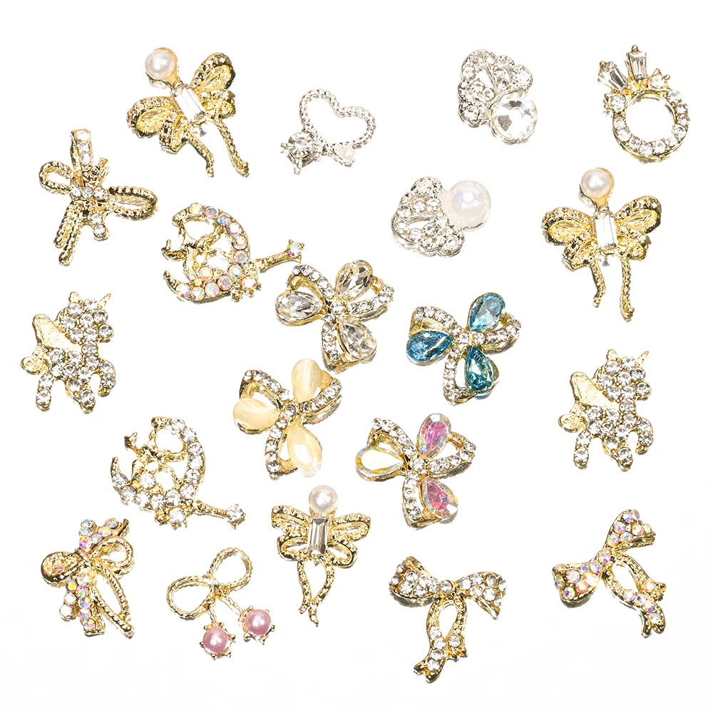 10Pcs Gold/Silver Multi-Designs Nail Art Jewelry Charms Alloy Rhinestones 3D Butterfly Bow Shaped Alloy Nail Accessories